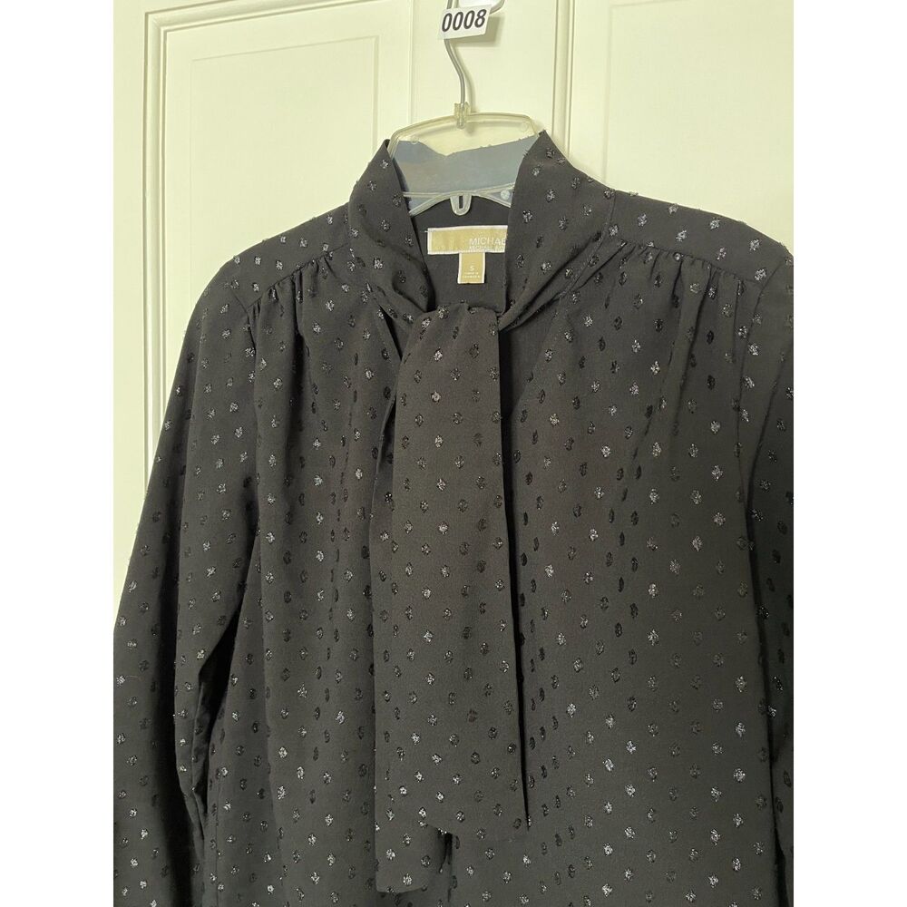 MICHAEL Michael Kors Women’s Small Black Shimmer Dot Blouse Long Sleeve Draped